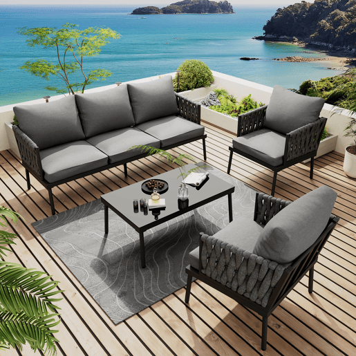 Conjunto de móveis de jardim com 5 peças - Sofá de 3 lugares, 2 poltronas e mesa de centro - Cinza