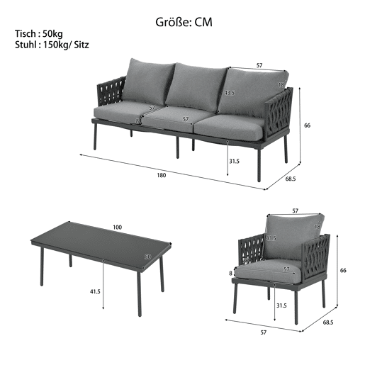 Conjunto de móveis de jardim com 5 peças - Sofá de 3 lugares, 2 poltronas e mesa de centro - Cinza