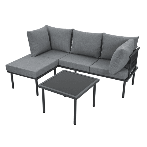 Conjunto de móveis de jardim - Sofá + mesa de centro + apoio para os pés - Aço galvanizado, mesa de vidro - Cinza+Preto