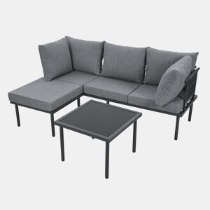 Conjunto de móveis de jardim - Sofá + mesa de centro + apoio para os pés - Aço galvanizado, mesa de vidro - Cinza+Preto