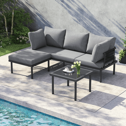 Conjunto de móveis de jardim - Sofá + mesa de centro + apoio para os pés - Aço galvanizado, mesa de vidro - Cinza+Preto