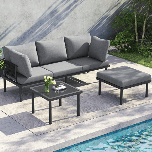 Conjunto de móveis de jardim - Sofá + mesa de centro + apoio para os pés - Aço galvanizado, mesa de vidro - Cinza+Preto