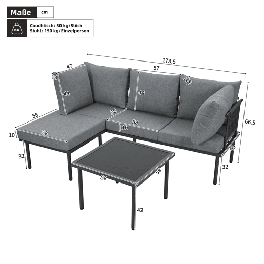 Conjunto de móveis de jardim - Sofá + mesa de centro + apoio para os pés - Aço galvanizado, mesa de vidro - Cinza+Preto