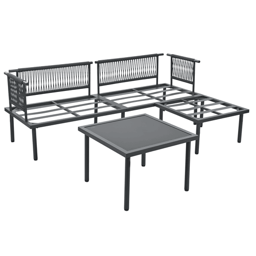 Conjunto de móveis de jardim - Sofá + mesa de centro + apoio para os pés - Aço galvanizado, mesa de vidro - Cinza+Preto