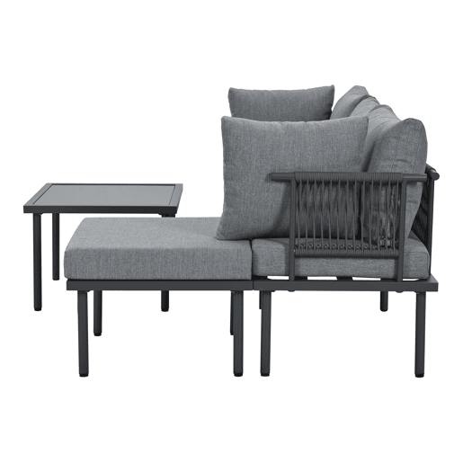 Conjunto de móveis de jardim - Sofá + mesa de centro + apoio para os pés - Aço galvanizado, mesa de vidro - Cinza+Preto
