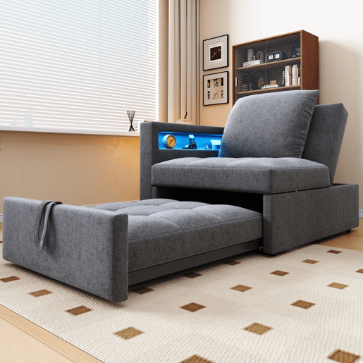 Sofá-cama 3 em 1 - Sofá de linho com encosto ajustável, braços com luz LED e portas USB - Cinza claro
