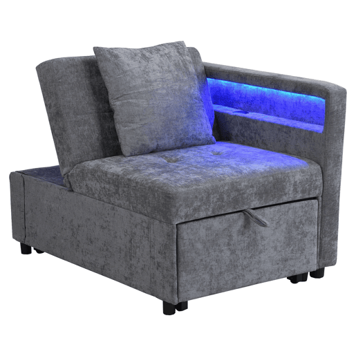 Sofá-cama 3 em 1 - Sofá de linho com encosto ajustável, braços com luz LED e portas USB - Cinza claro