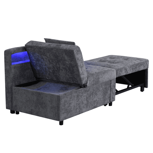 Sofá-cama 3 em 1 - Sofá de linho com encosto ajustável, braços com luz LED e portas USB - Cinza claro
