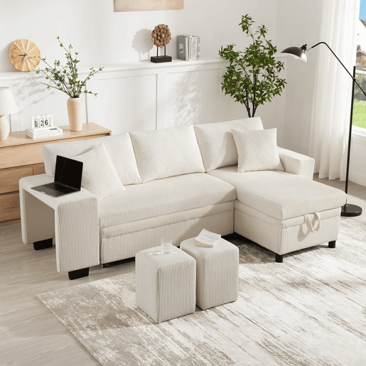 Sofá-cama conversível em L para 3 pessoas - Com USB, almofadas, arrumação e prateleiras laterais - Bege