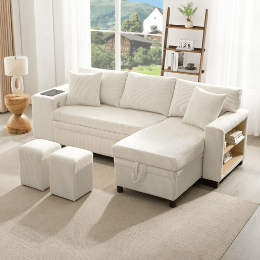 Sofá-cama conversível em L para 3 pessoas - Com USB, almofadas, arrumação e prateleiras laterais - Bege