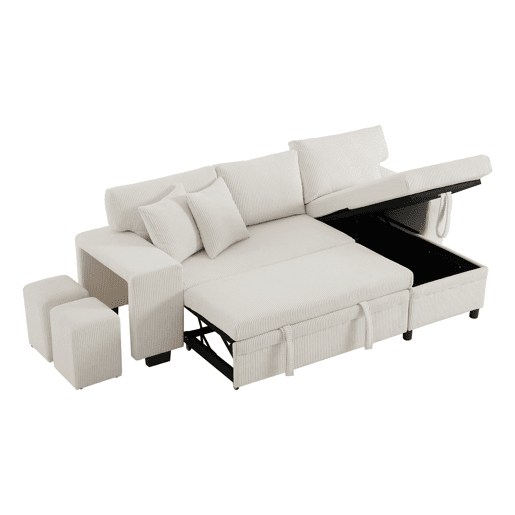 Sofá-cama conversível em L para 3 pessoas - Com USB, almofadas, arrumação e prateleiras laterais - Bege