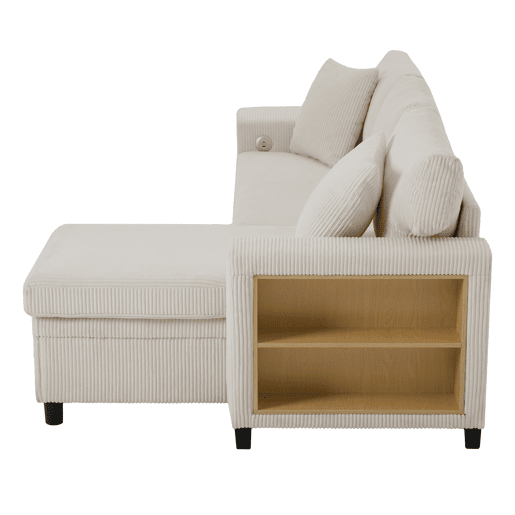 Sofá-cama conversível em L para 3 pessoas - Com USB, almofadas, arrumação e prateleiras laterais - Bege