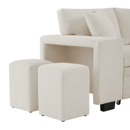 Sofá-cama conversível em L para 3 pessoas - Com USB, almofadas, arrumação e prateleiras laterais - Bege