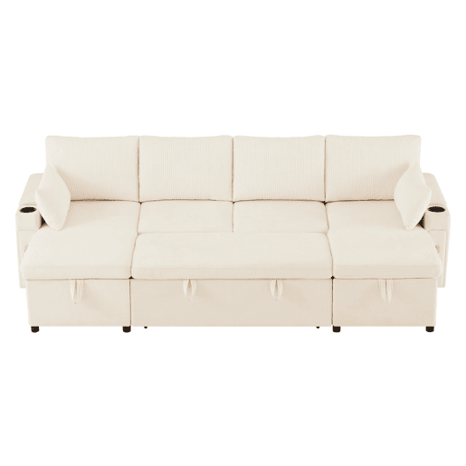 Sofá-cama em U com 4 lugares - Com porta-copos, arrumação e função de cama - Bege