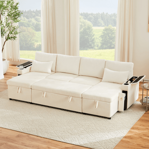 Sofá-cama em U com 4 lugares - Com porta-copos, arrumação e função de cama - Bege