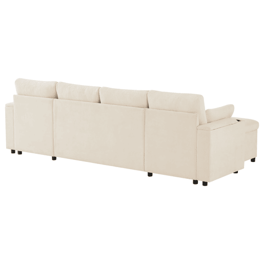Sofá-cama em U com 4 lugares - Com porta-copos, arrumação e função de cama - Bege