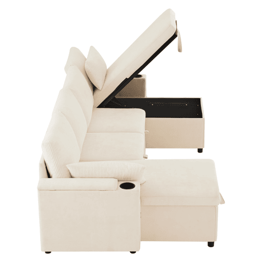 Sofá-cama em U com 4 lugares - Com porta-copos, arrumação e função de cama - Bege