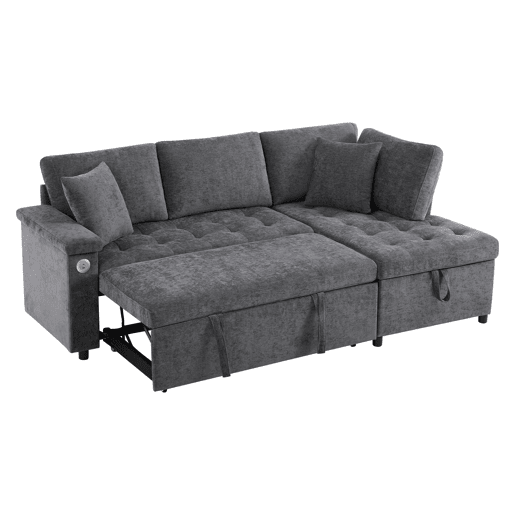 Sofá L 3 lugares - Sofá-cama extensível, com arrumação, carregador USB, apoio de braços e 2 almofadas - Cinza