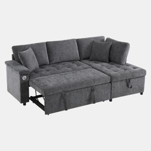 Sofá L 3 lugares - Sofá-cama extensível, com arrumação, carregador USB, apoio de braços e 2 almofadas - Cinza