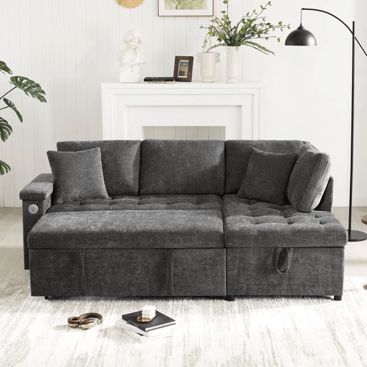 Sofá L 3 lugares - Sofá-cama extensível, com arrumação, carregador USB, apoio de braços e 2 almofadas - Cinza