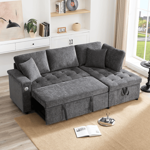 Sofá L 3 lugares - Sofá-cama extensível, com arrumação, carregador USB, apoio de braços e 2 almofadas - Cinza