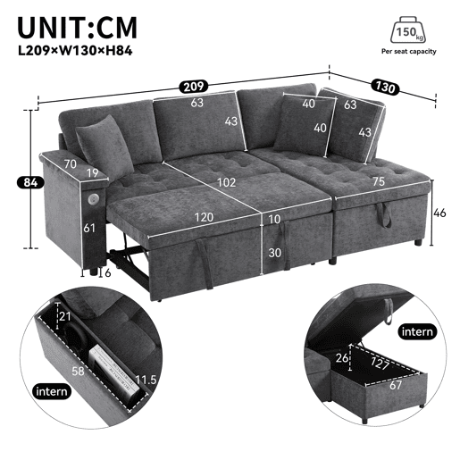 Sofá L 3 lugares - Sofá-cama extensível, com arrumação, carregador USB, apoio de braços e 2 almofadas - Cinza