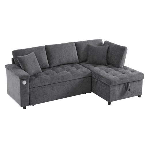 Sofá L 3 lugares - Sofá-cama extensível, com arrumação, carregador USB, apoio de braços e 2 almofadas - Cinza