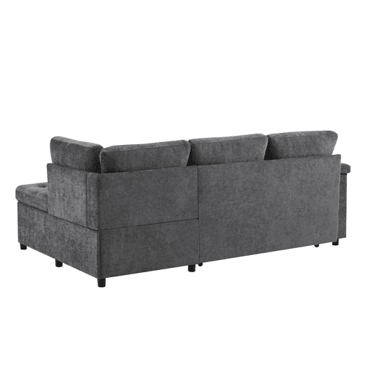 Sofá L 3 lugares - Sofá-cama extensível, com arrumação, carregador USB, apoio de braços e 2 almofadas - Cinza