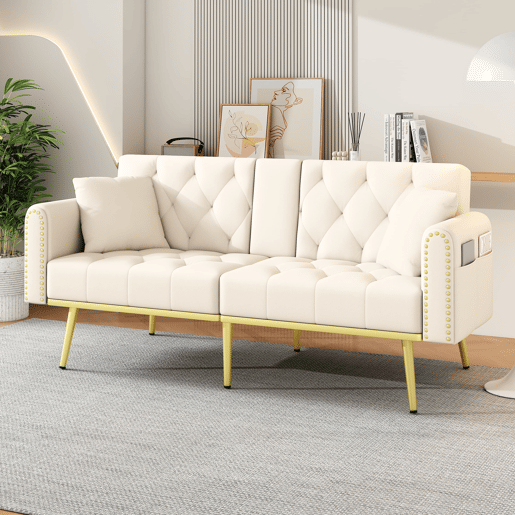 Sofá-cama duplo reclinável para 2 pessoas - 3 posições ajustáveis, com porta-copos - Bege