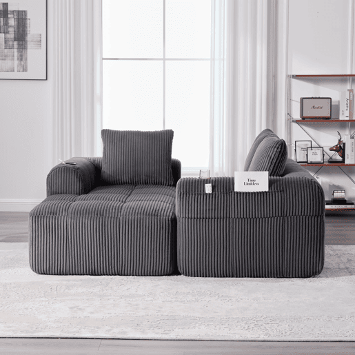 Sofá compacto de 4 lugares - Modular, confortável, com bolso e porta-copos - Cinza escuro