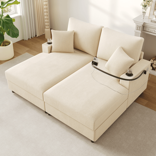 Sofá-cama XXL - Função de descanso, suporte para telemóvel, porta USB e porta-copos - Bege