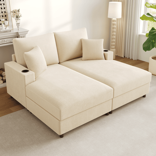 Sofá-cama XXL - Função de descanso, suporte para telemóvel, porta USB e porta-copos - Bege