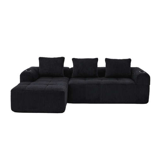Sofá compacto de 4 lugares - Modular, com bolso lateral e suporte para bebidas - Preto