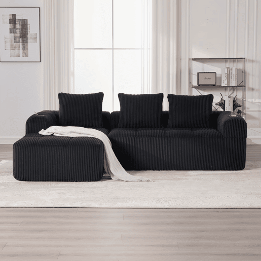 Sofá compacto de 4 lugares - Modular, com bolso lateral e suporte para bebidas - Preto