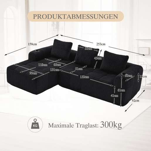 Sofá compacto de 4 lugares - Modular, com bolso lateral e suporte para bebidas - Preto