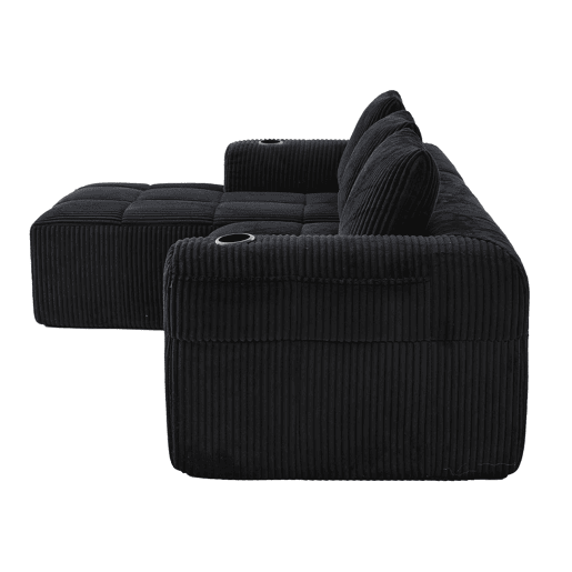Sofá compacto de 4 lugares - Modular, com bolso lateral e suporte para bebidas - Preto