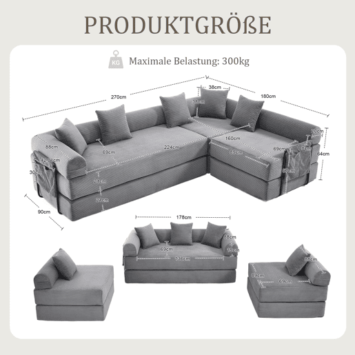 Sofá modular de 4 lugares - com arrumação, funcionalidade modular, adequado para animais de estimação - Cinza escuro