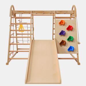 Estrutura de escalada multifuncional 7 em 1 - Madeira maciça, contraplacado e madeira de faia, com baloiço, escada, escorrega de escalada, rede de escalada, pedra de escalada em plástico, argolas - Natural