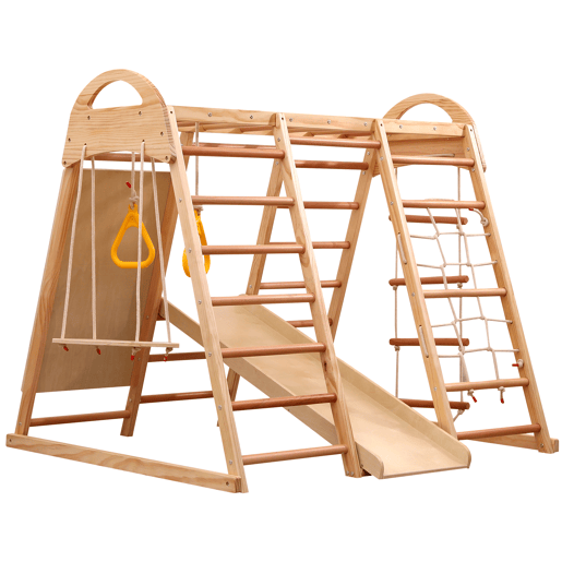 Estrutura de escalada multifuncional 7 em 1 - Madeira maciça, contraplacado e madeira de faia, com baloiço, escada, escorrega de escalada, rede de escalada, pedra de escalada em plástico, argolas - Natural