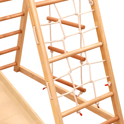 Estrutura de escalada multifuncional 7 em 1 - Madeira maciça, contraplacado e madeira de faia, com baloiço, escada, escorrega de escalada, rede de escalada, pedra de escalada em plástico, argolas - Natural