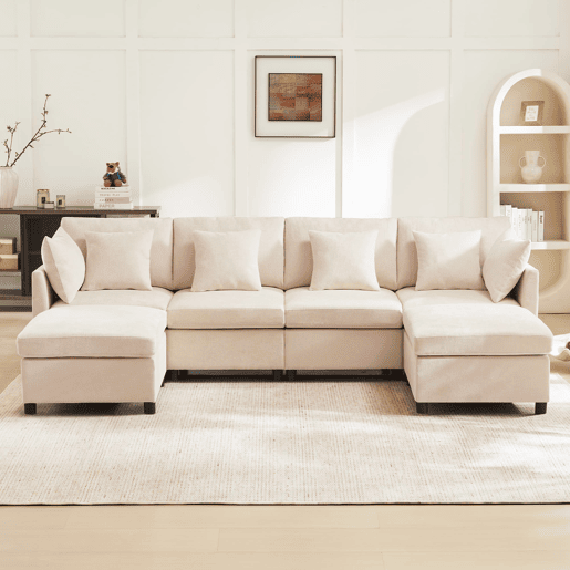 Sofá modular de 6 lugares - em forma de L, com apoio para os pés removível - Bege