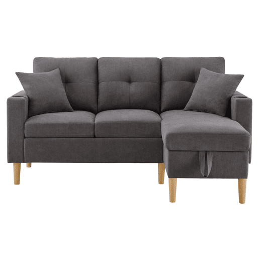 Sofá moderno em L de 3 lugares com chaise longue - arrumação, porta-copos, 2 almofadas - cinzento