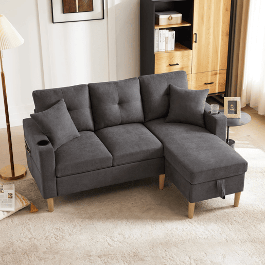 Sofá moderno em L de 3 lugares com chaise longue - arrumação, porta-copos, 2 almofadas - cinzento