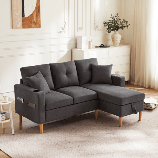 Sofá moderno em L de 3 lugares com chaise longue - arrumação, porta-copos, 2 almofadas - cinzento