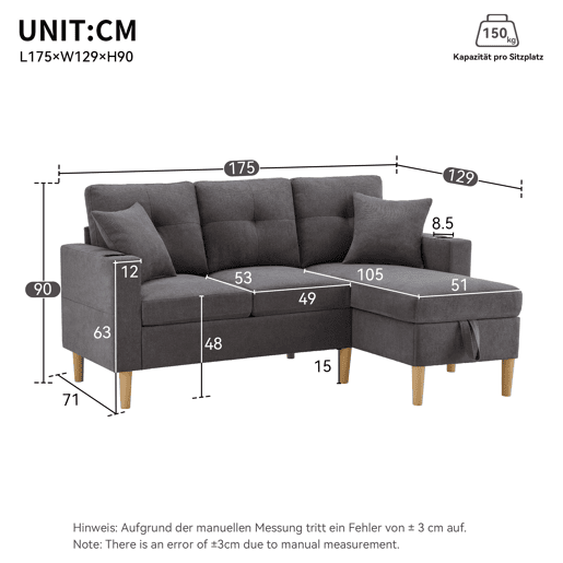 Sofá moderno em L de 3 lugares com chaise longue - arrumação, porta-copos, 2 almofadas - cinzento
