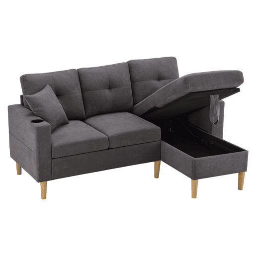 Sofá moderno em L de 3 lugares com chaise longue - arrumação, porta-copos, 2 almofadas - cinzento