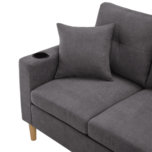 Sofá moderno em L de 3 lugares com chaise longue - arrumação, porta-copos, 2 almofadas - cinzento