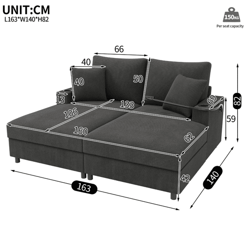 Sofá-cama XXL - Função de cama, superfície almofadada, suporte para telemóvel, USB e porta-copos - Cinza