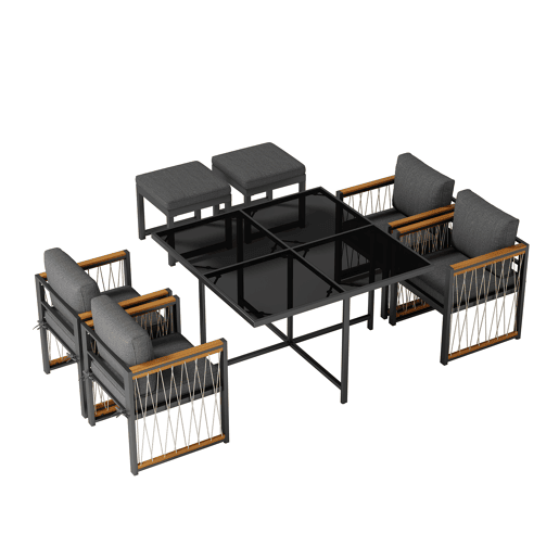Conjunto de sala de jantar exterior de 7 peças - Mesa de vidro temperado, tampo em madeira de acácia, para 6 pessoas - Preto+Natural