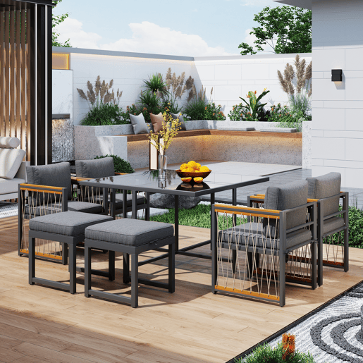 Conjunto de sala de jantar exterior de 7 peças - Mesa de vidro temperado, tampo em madeira de acácia, para 6 pessoas - Preto+Natural
